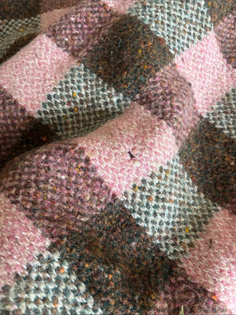 Wool Plaid Fringe Throw Blanket in Pink and Brown